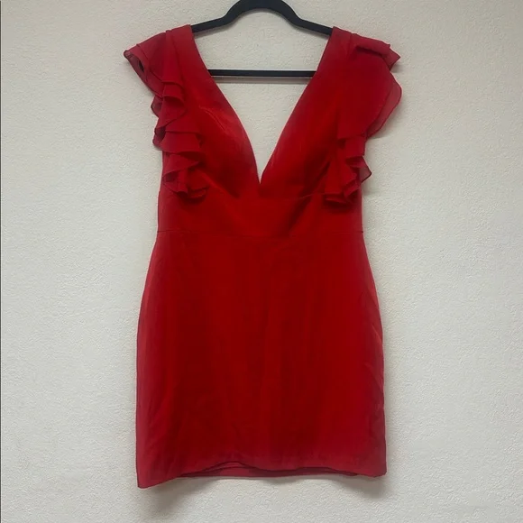 Mac Duggal NWT Ieena Elegant Red Ruffle Sleeve mini Dress size 10 - Picture 2 of 5